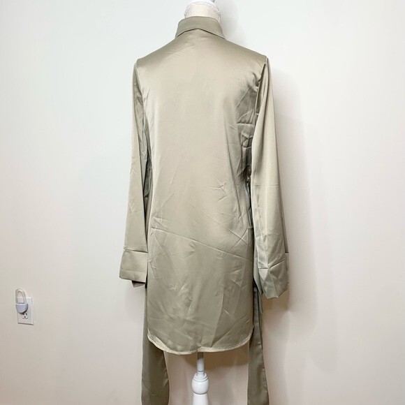 NWT Missguided Tie Waist Flare Sleeve Shirt Dress Satin Sage 4 - Picture 8 of 12